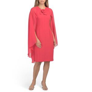 TERI JON Coral Crepe Chiffon Flyaway Cape Sleeve Flower Mini Dress